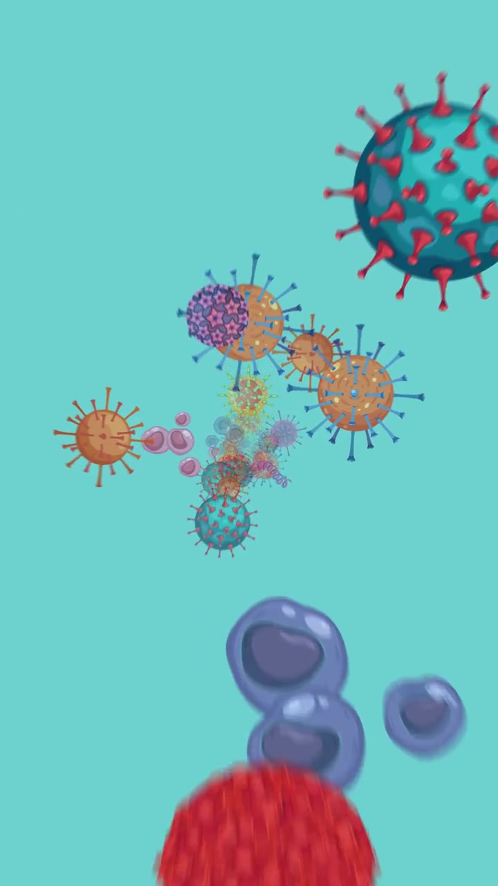 Molteplici particelle stilizzate di virus e cellule ruotano e fluttuano in un'animazione 3D fluida con uno sfondo ciano brillante, creando una visualizzazione scientifica dinamica.