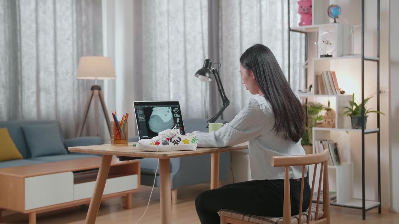집에서 노트북으로 신발을 디자인하는 여자