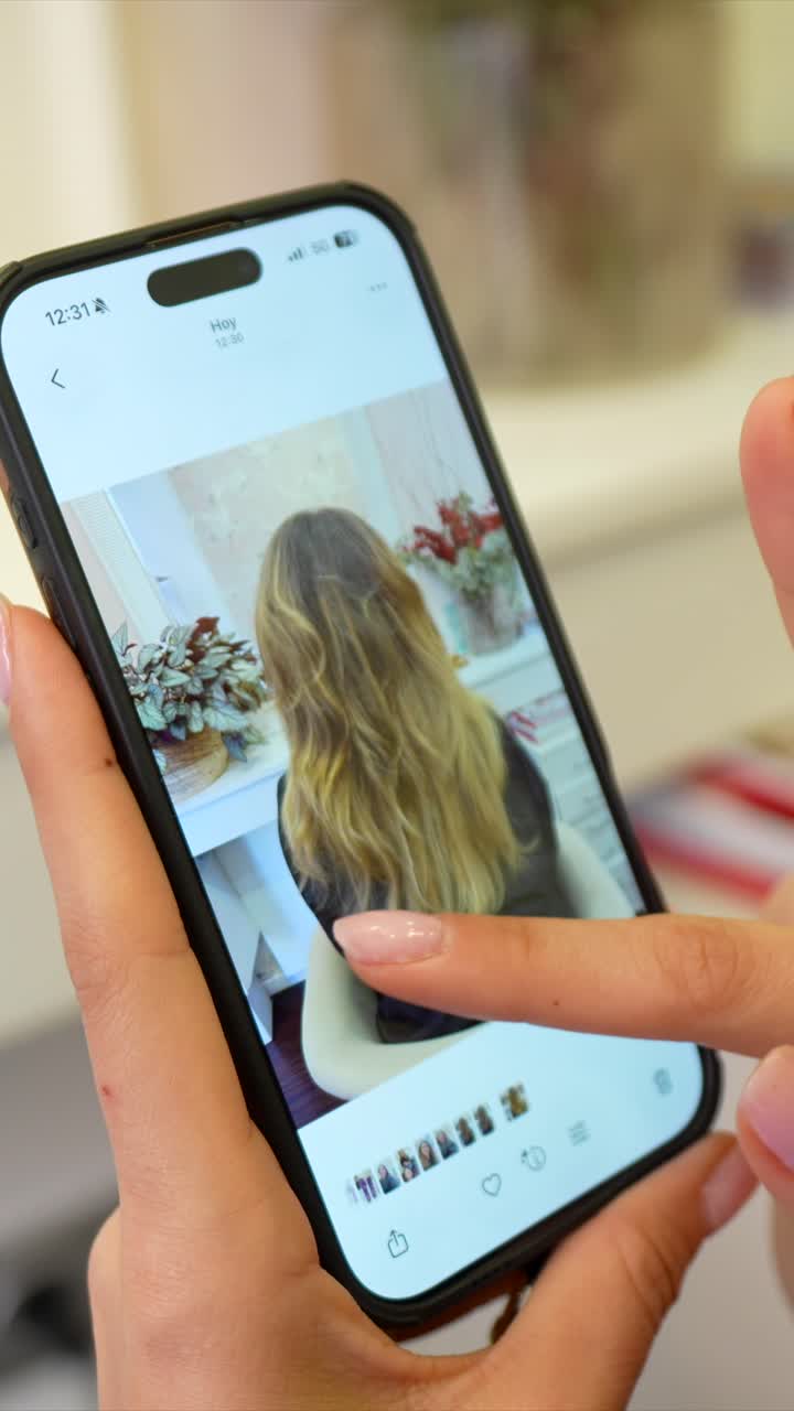 Woman's Hands Holding Smartphone and Zooming on Hair Photo