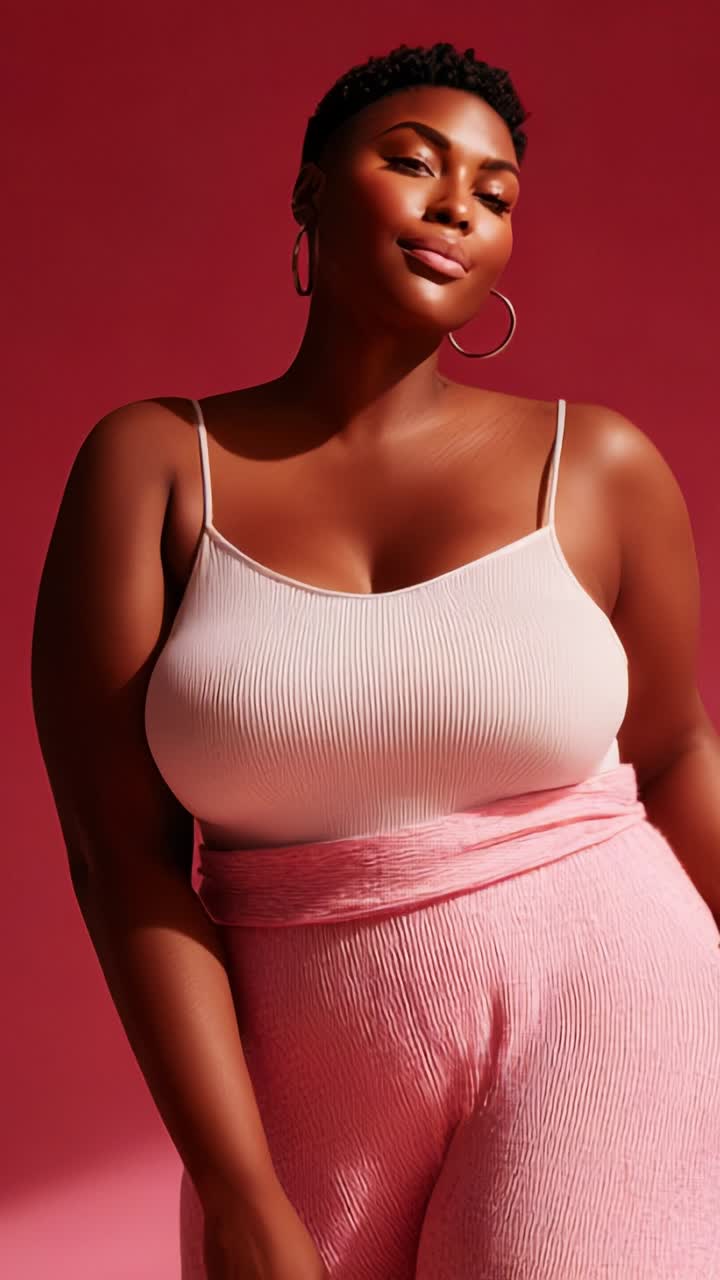 Stylish Portrait of Confident Woman Posing Gracefully Against Vibrant Pink Background, Showcasing Fashion Choices and Celebrating Body Positivity and Beauty