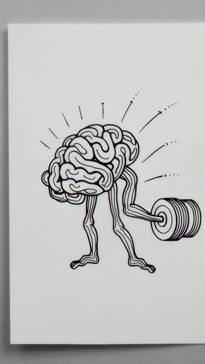 Conceptual illustration of a brain lifting weights, symbolizing mental strength and intellectual exercise
