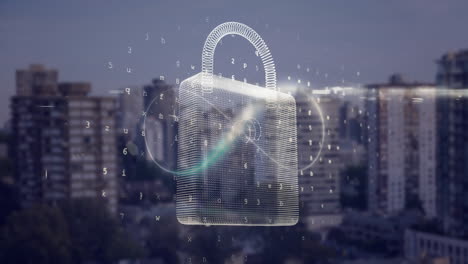 digital padlock and binary code animation over cityscape background