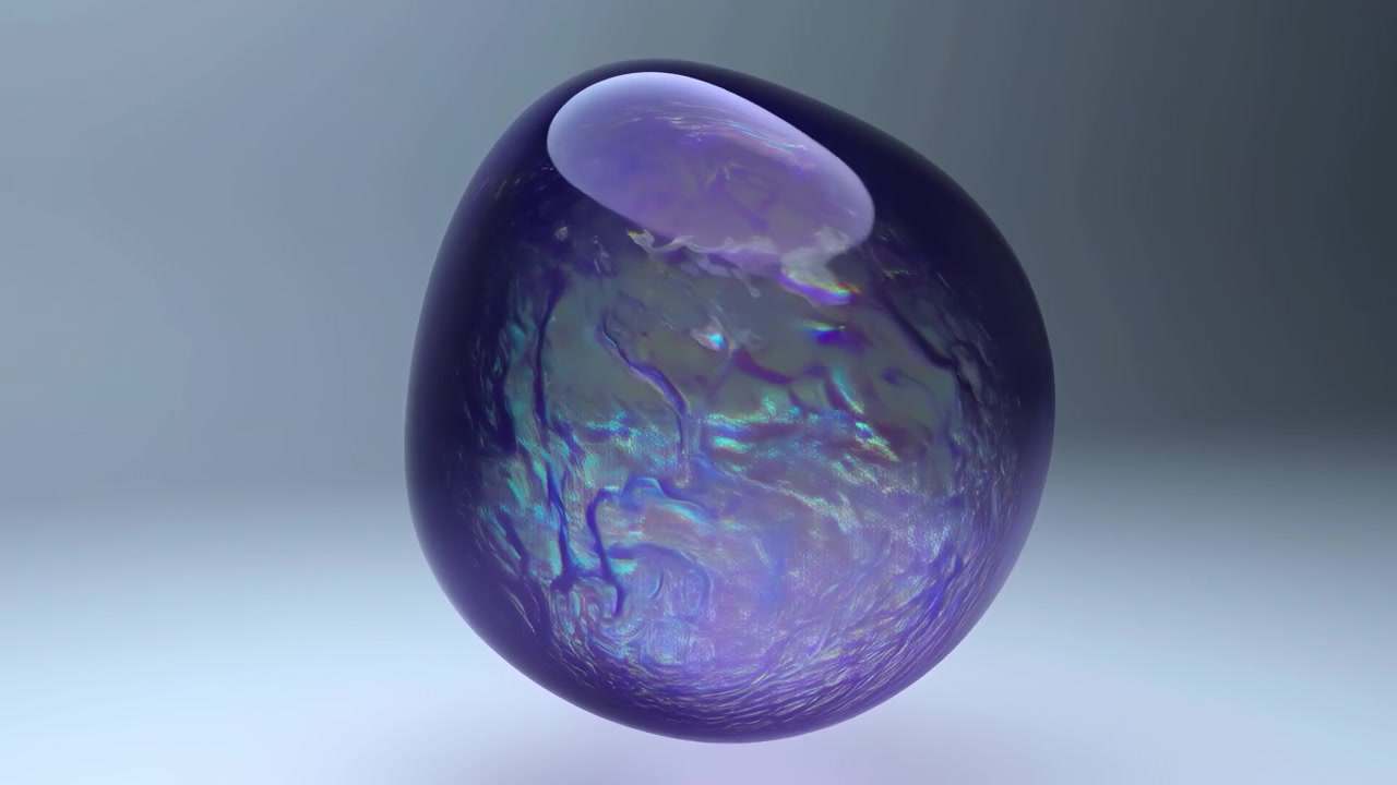Close three quarter view of glossy iridescent egg shaped orb floating against soft neutral gradient background, gently rotating with translucent dome, opalescent marbling, polished reflections, and