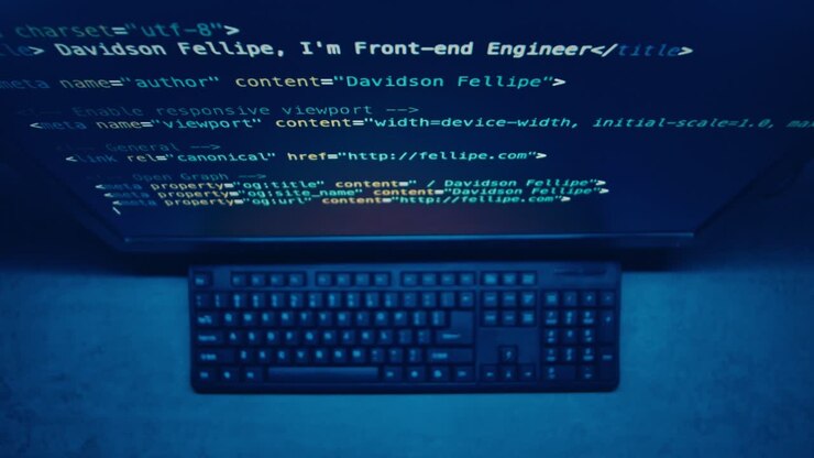 Computerscherm met code en toetsenbord