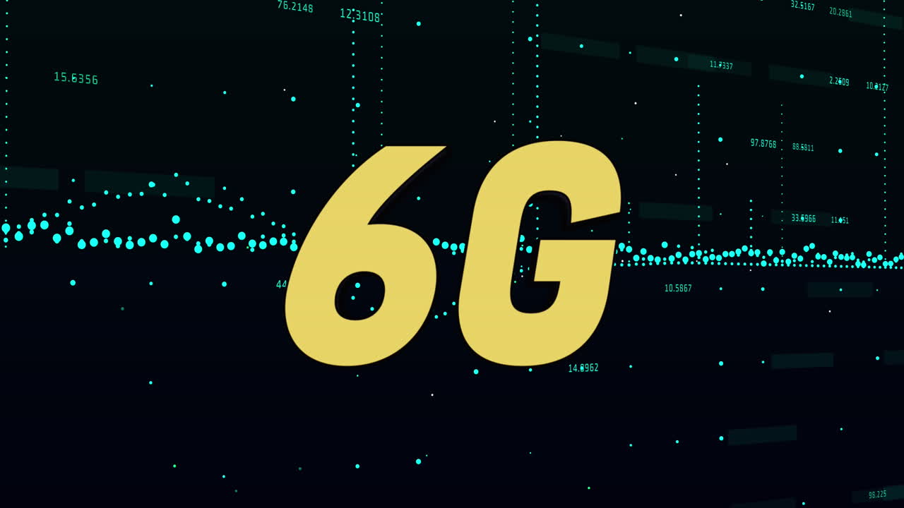 검은색 배경에 대한 데이터 처리에 대한 6g 텍스트 배너의 애니메이션