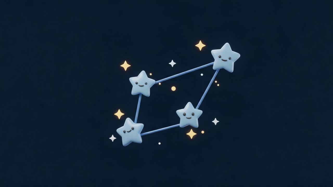 Charming Celestial Scene Featuring Animated Stars, Connected by a Delicate Constellation Design Filled with Sparkling Elements and Whimsical Smiles