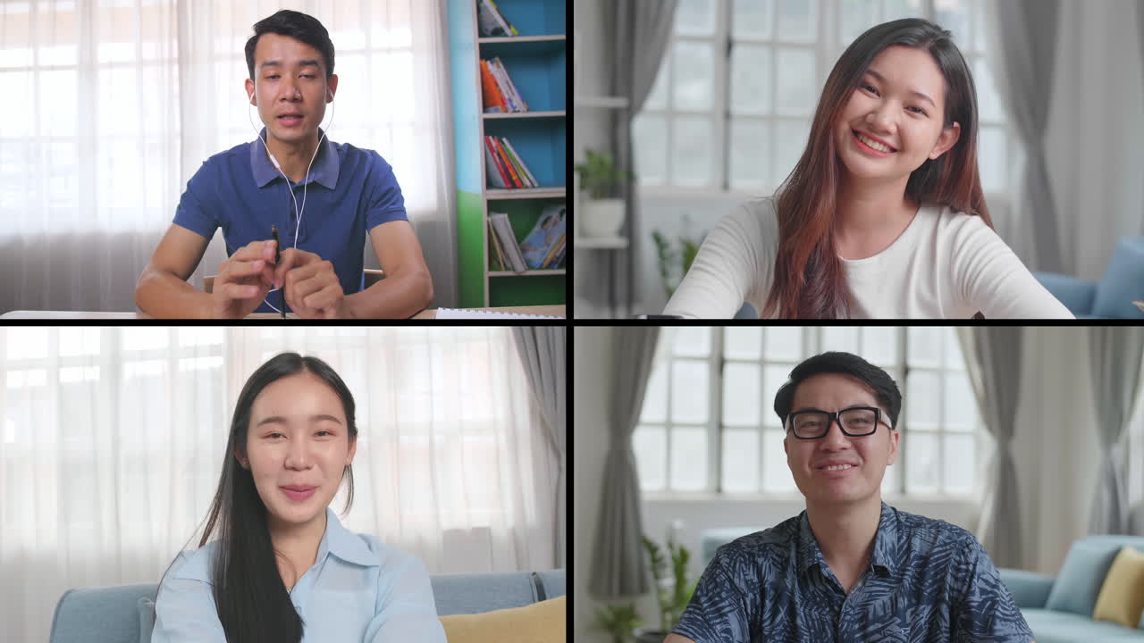 Team Working By Group Video Call Share Ideas Brainstorming Negotiating Use Video Conference, Pc Screen View Four Multi Asian Young People