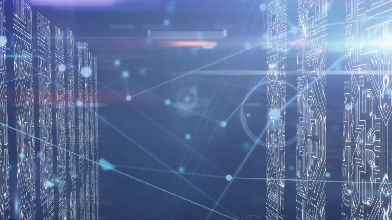 연결 네트워크의 애니메이션과 컴퓨터 회로판을 통한 데이터 처리