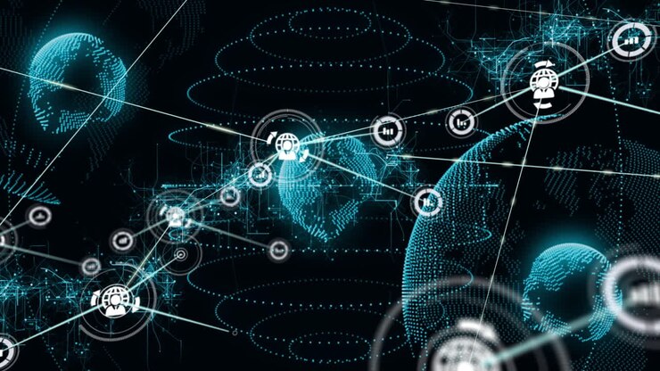 Global network connections and data processing animation over digital world map