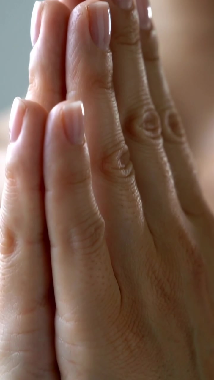 Vertical video: Camera widening, woman pressing palms in prayer in studio, showing manicured nails