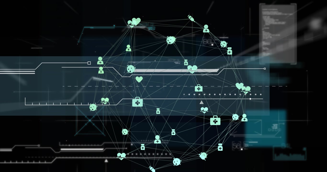 Digital interface with medical icons shows global connections and data processing.