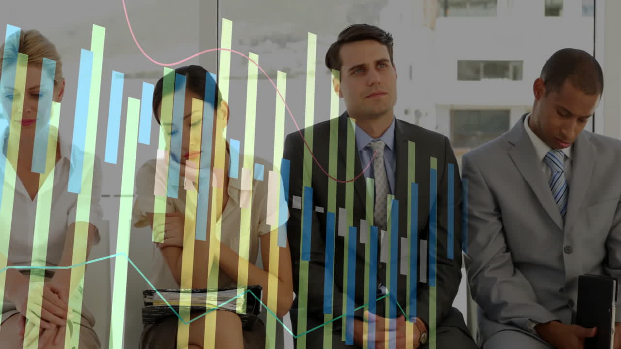 business team sitting in modern office, examining animated bar and line chart overlays