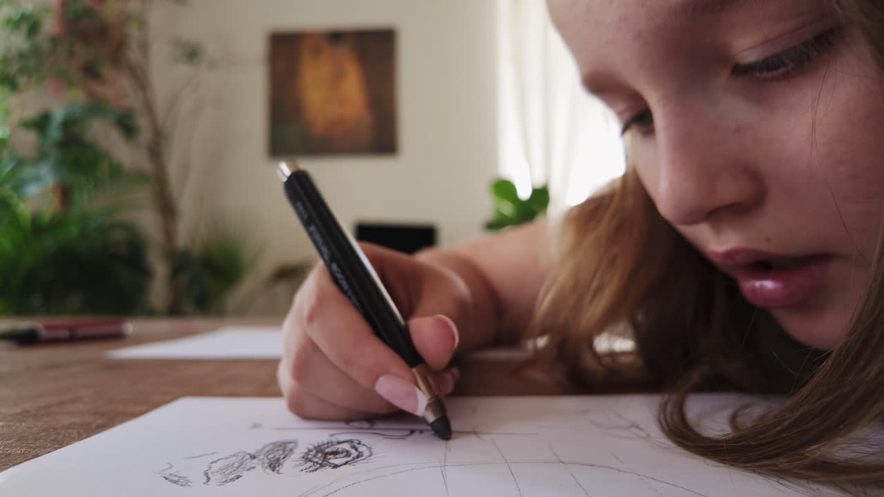 Young girl face concentrates drawing creative picture at home Medium shot