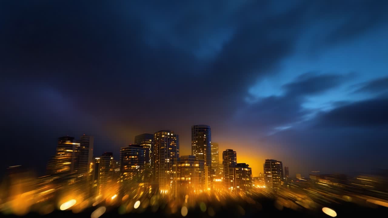 Cielo notturno drammatico sopra un paesaggio urbano: una trasformazione affascinante dal crepuscolo alla notte con edifici illuminati e movimenti dinamici delle nuvole