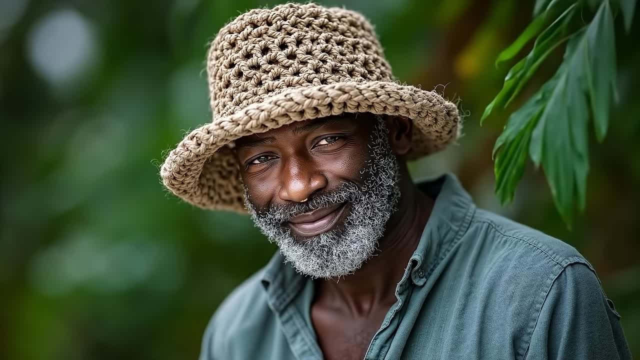 모자를 입은 남자가 카메라에 미소 짓고 있다