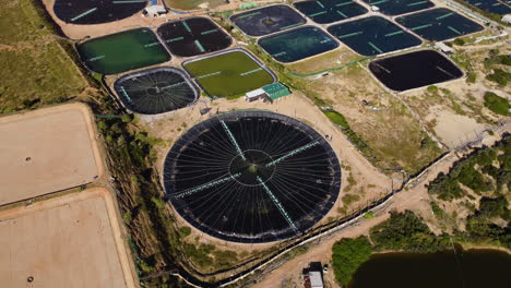 Massive-pond-shrimp-farms-on-Vietnam-coastline,-aerial-orbit-shot