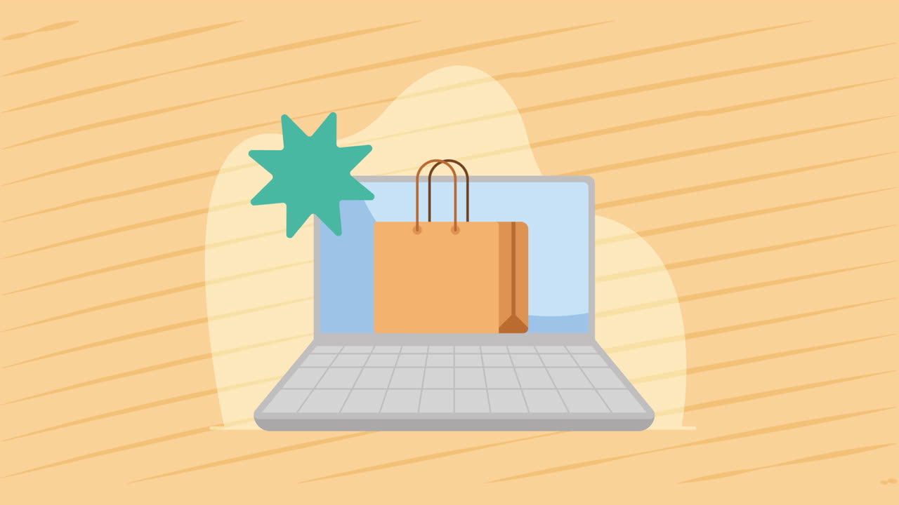 전자 상거래 애니메이션을 가진 노트북 컴퓨터