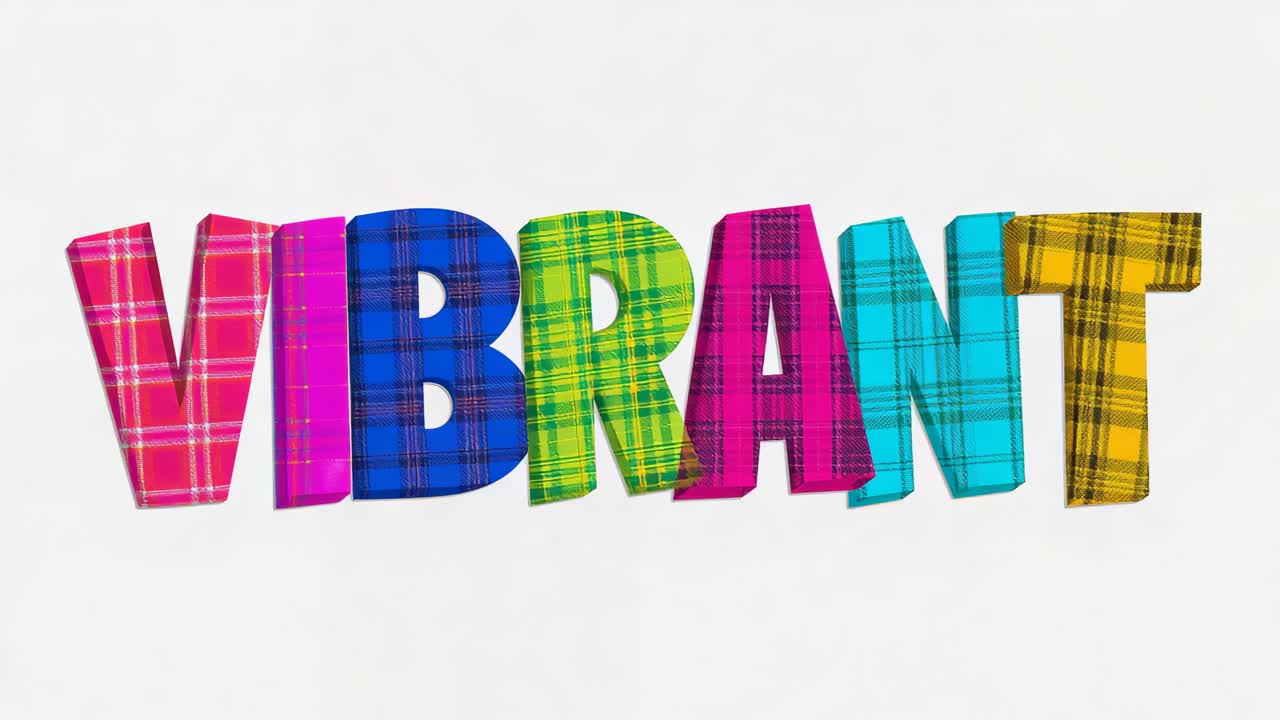 Parola 3D scorrevole VIBRANT subito dopo il cambio di frame su area di lavoro bianca, che mostra lettere a quadri e bagliore