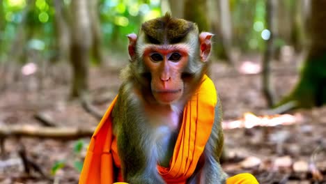 monkey in orange robe in a forest