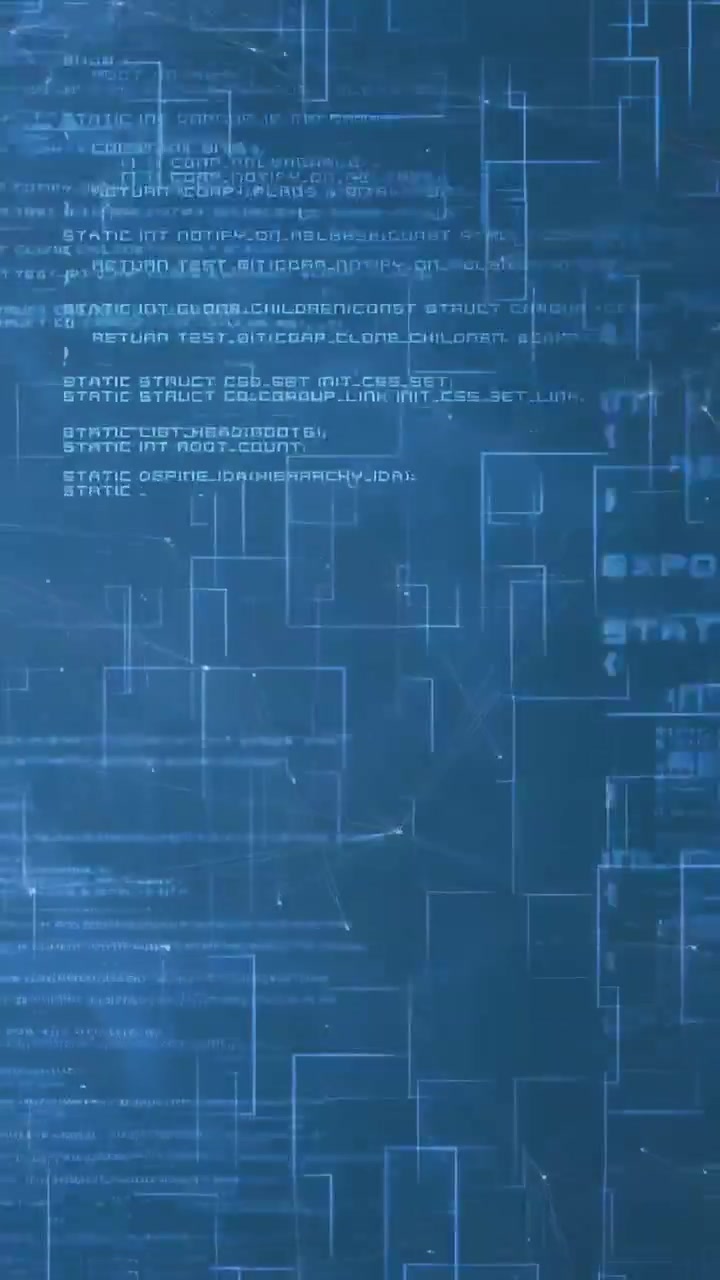 Vertical video: Blue tech HUD getting stream, shifting nodes and code, cascading boxes showing flow