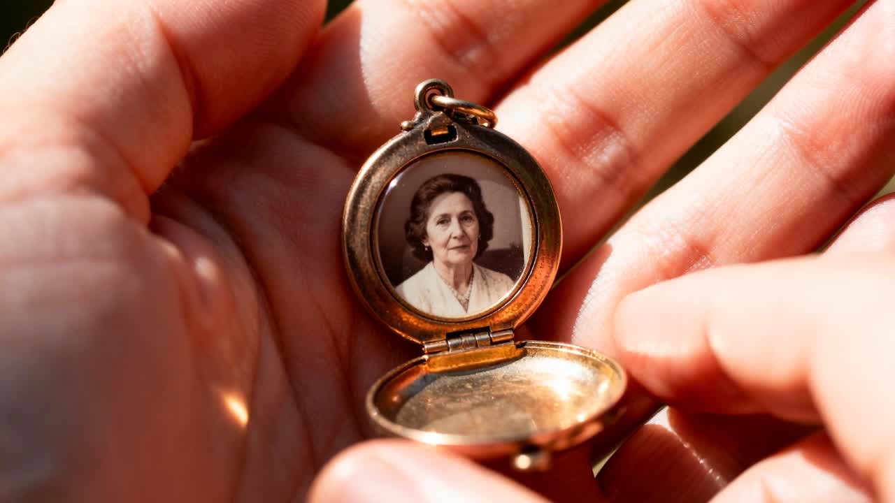 Holder's hand holding locket in sunlight, fingers entering from right centering keepsake portrait