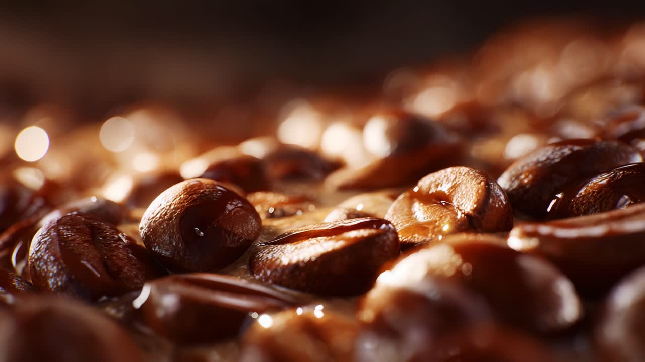 Close-Up of Glimmering Coffee Beans Displaying Rich Textures and Depth in a Beautifully Lit Environment Capturing the Essence of Quality Coffee