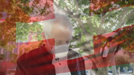 animación de la bandera de suiza ondeando sobre un hombre caucásico con máscara facial en la calle de la ciudad