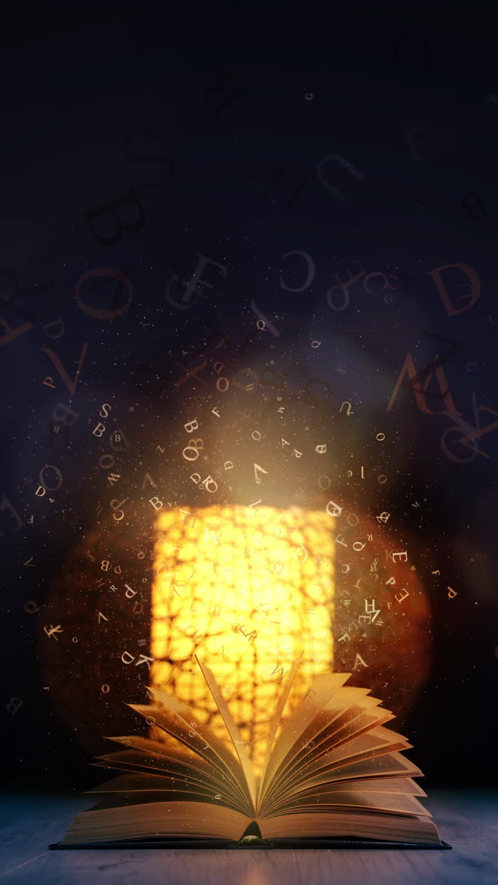 Magic book with Open antique pages and abstract bokeh lights glowing in dark background. Loop animation. Letters and particles flying out of the pages of the textbook. Vertical video.