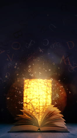 magic book with open antique pages and abstract bokeh lights glowing in dark background. loop animation. letters and particles flying out of the pages of the textbook. vertical video.