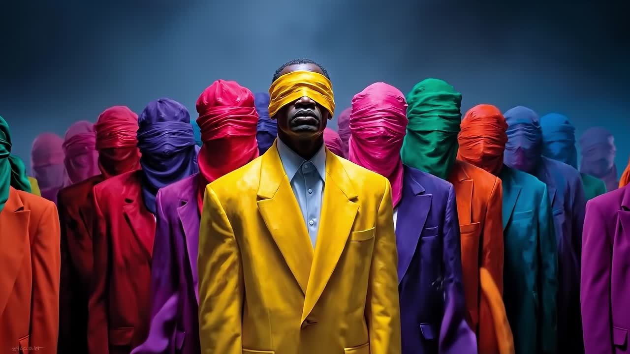 A man in a yellow suit standing in front of a group of colorful people