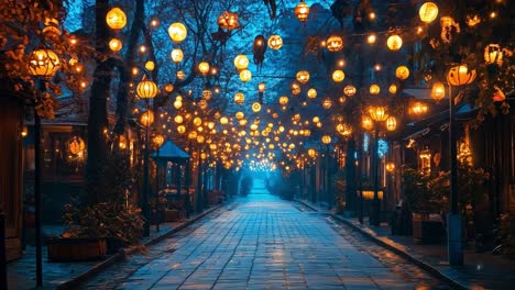 street decorated with glowing lanterns at night
