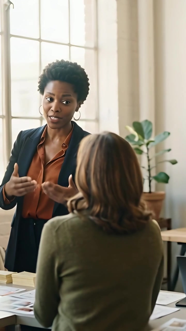 Vertical video: Placing hand on card stack, lead in blazer clarifying layouts at office, copy space
