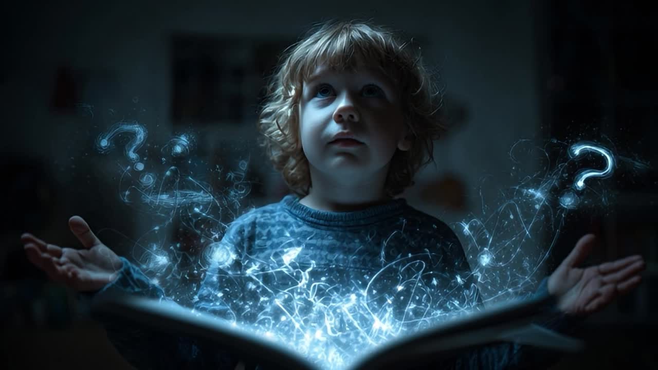 Bambino piccolo legge un libro avvincente con effetti magici luminosi