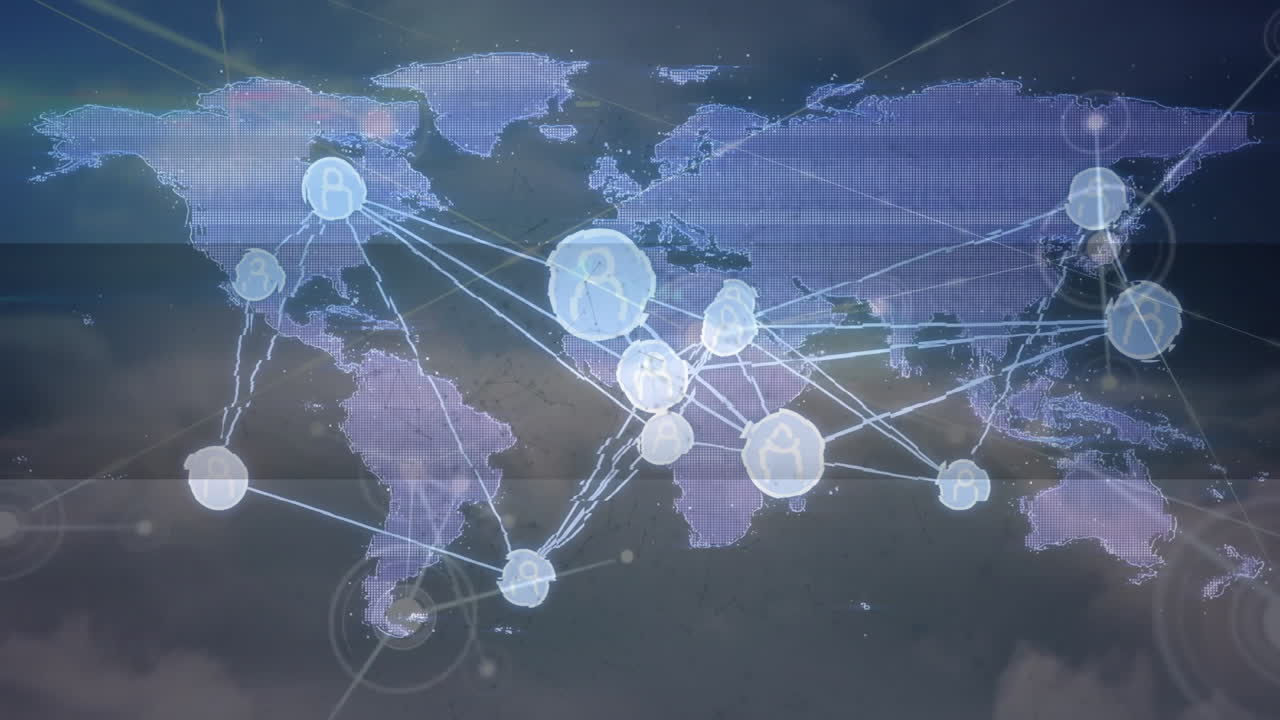Network of connections and data processing animation over world map background