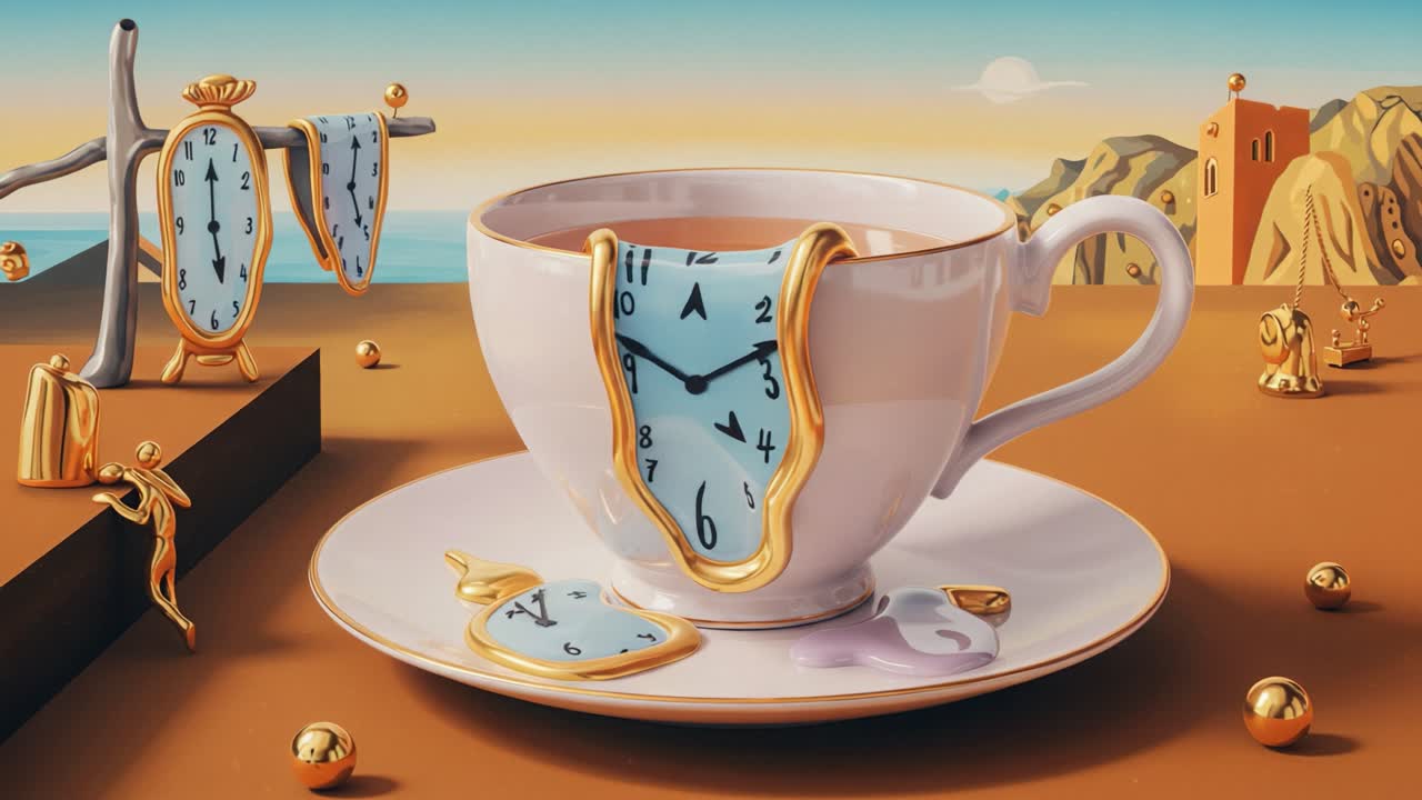 Surrealistische Kunst: Eine traumartige Szene mit einer schmelzenden Uhr in einer Teetasse vor einer lebendigen Küstenlandschaft bei Sonnenuntergang