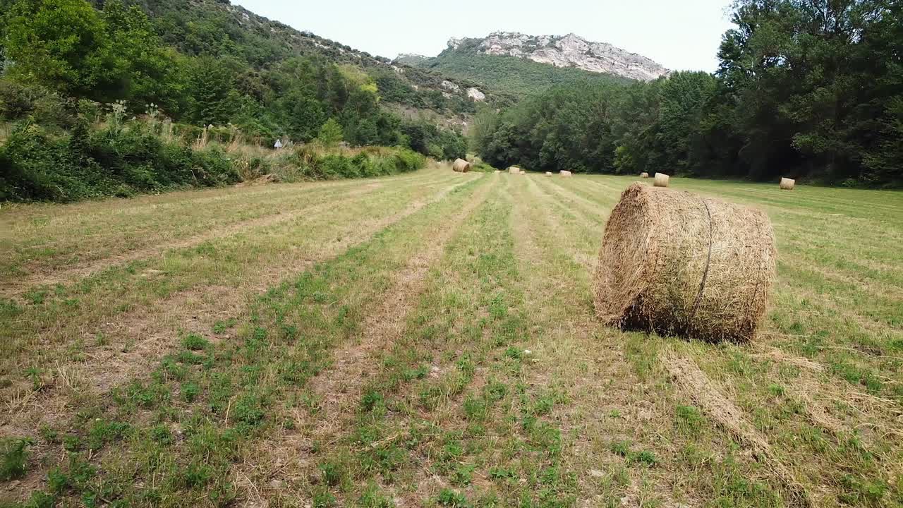 vista aérea de balas de heno en un prado. imágenes de alta calidad 4k