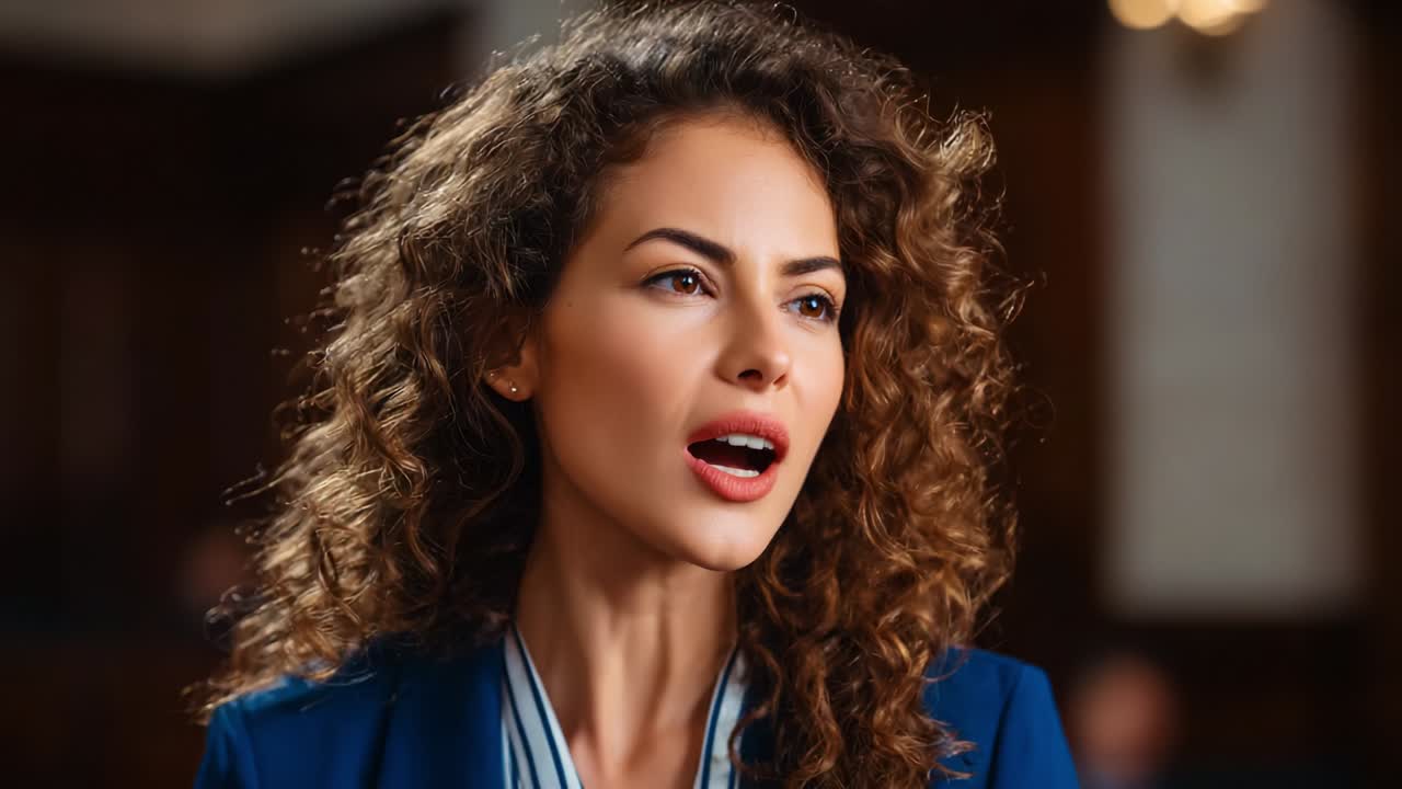 In a courtroom setting, a passionate speaker with curly hair delivers a compelling argument, captivating the audience, showcasing the art of persuasion and the intensity of legal debates