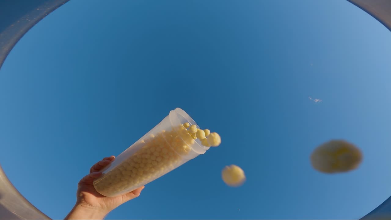 Pour breakfast cereal into a bowl - from the bowl looking up at the cereal falling down in slow motion