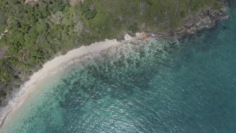 Mar-Azul-Claro-Y-Playa-De-Arena-Blanca-Prístina-De-La-Isla-De-Langford,-Whitsundays,-Australia