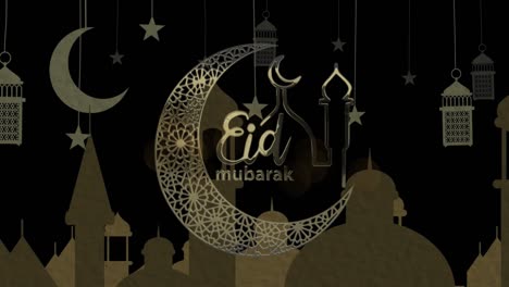 animation of eid mubarak text with crescent moon and mosque with lanterns and stars background