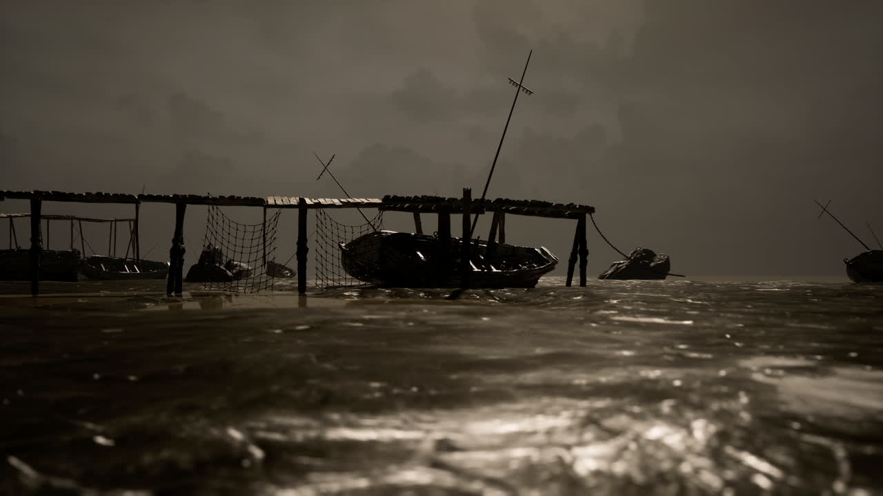 Dark waters surround fishing boats at dusk with cloudy skies