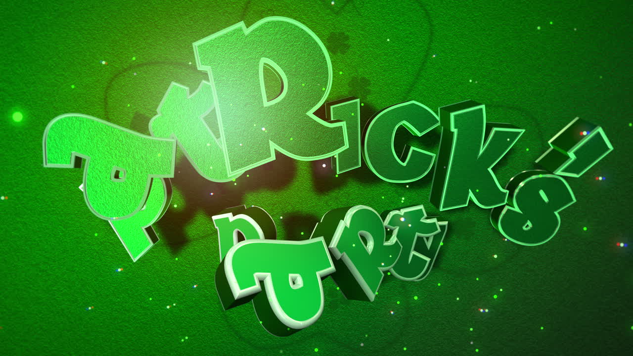 애니메이션 클로즈업 세인트 패트릭 파티 텍스트 및 동작 성 패트릭 데이 반짝이는 배경에 글리터가 있는 큰 녹색 토끼풀