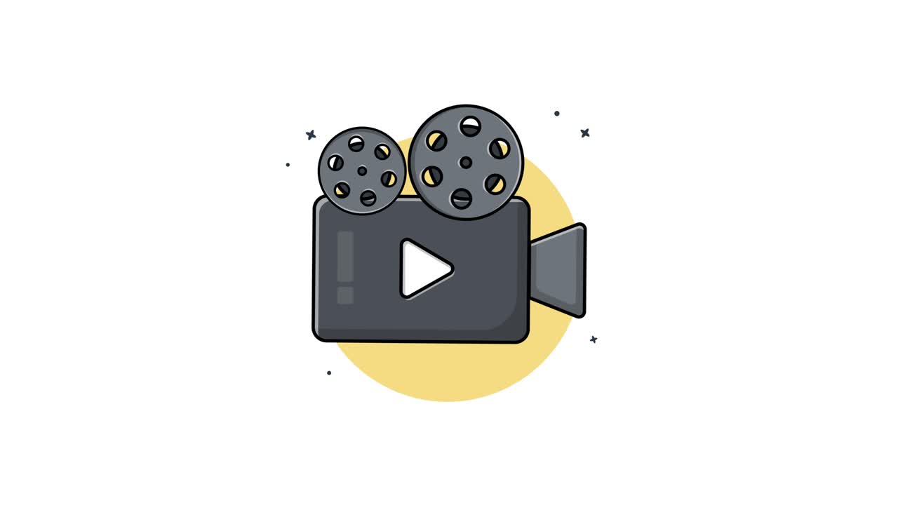 Illustrazione di cinepresa animata per film di cartoni animati con bobine