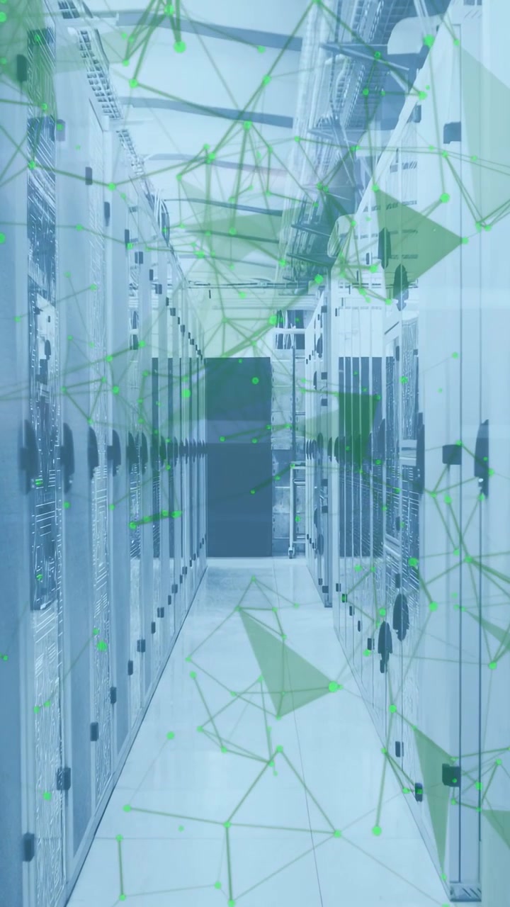 Vertical video: Server row framing scene green overlay appearing nodes and lines showing DC traffic
