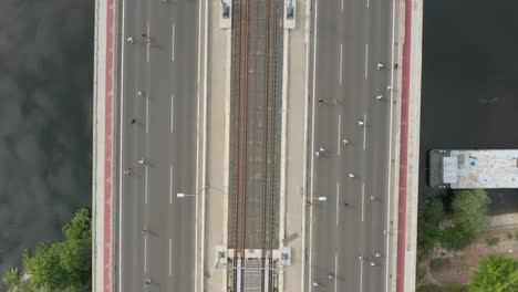 top view of runners of belgrade marathon at ada bridge in serbia
