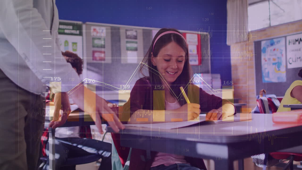 animación de procesamiento de datos financieros sobre estudiantes que estudian en el aula