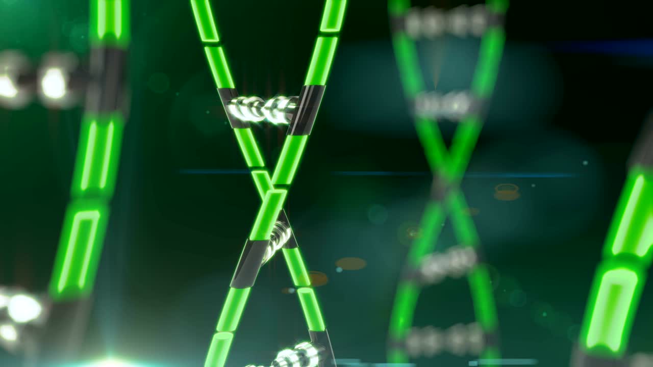 미래의 기술, 스크린에서 회전하는 dna 줄, 인공지능, 로, 사이보그 창조