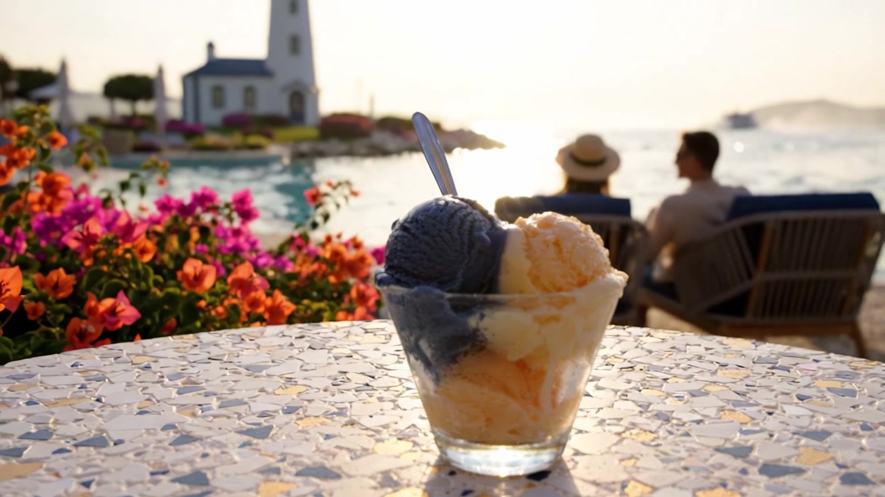 Delicioso Helado con un Impresionante Paisaje Costero de Fondo, con Flores Coloridas y un Faro, Perfecto para un Relajante Día de Verano
