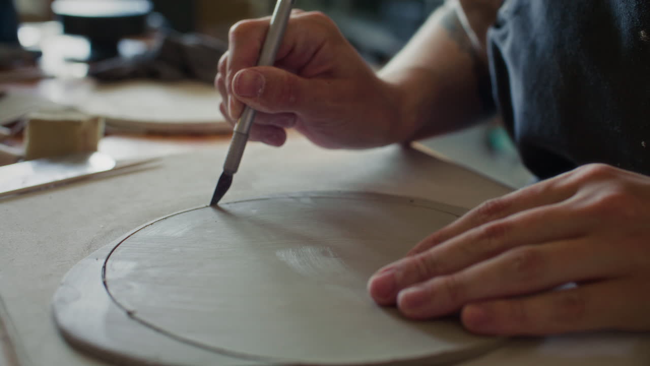 Hands of Female Potter Cutting Clay Disc with Craft Knife
