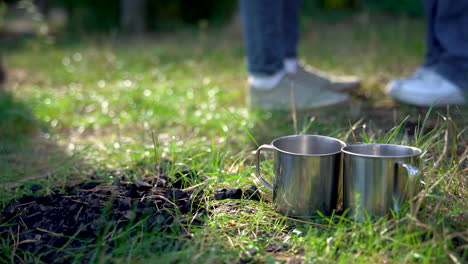 two stainless steel cups on the sunny grass of the woods. close-up. camping day in the mountains.